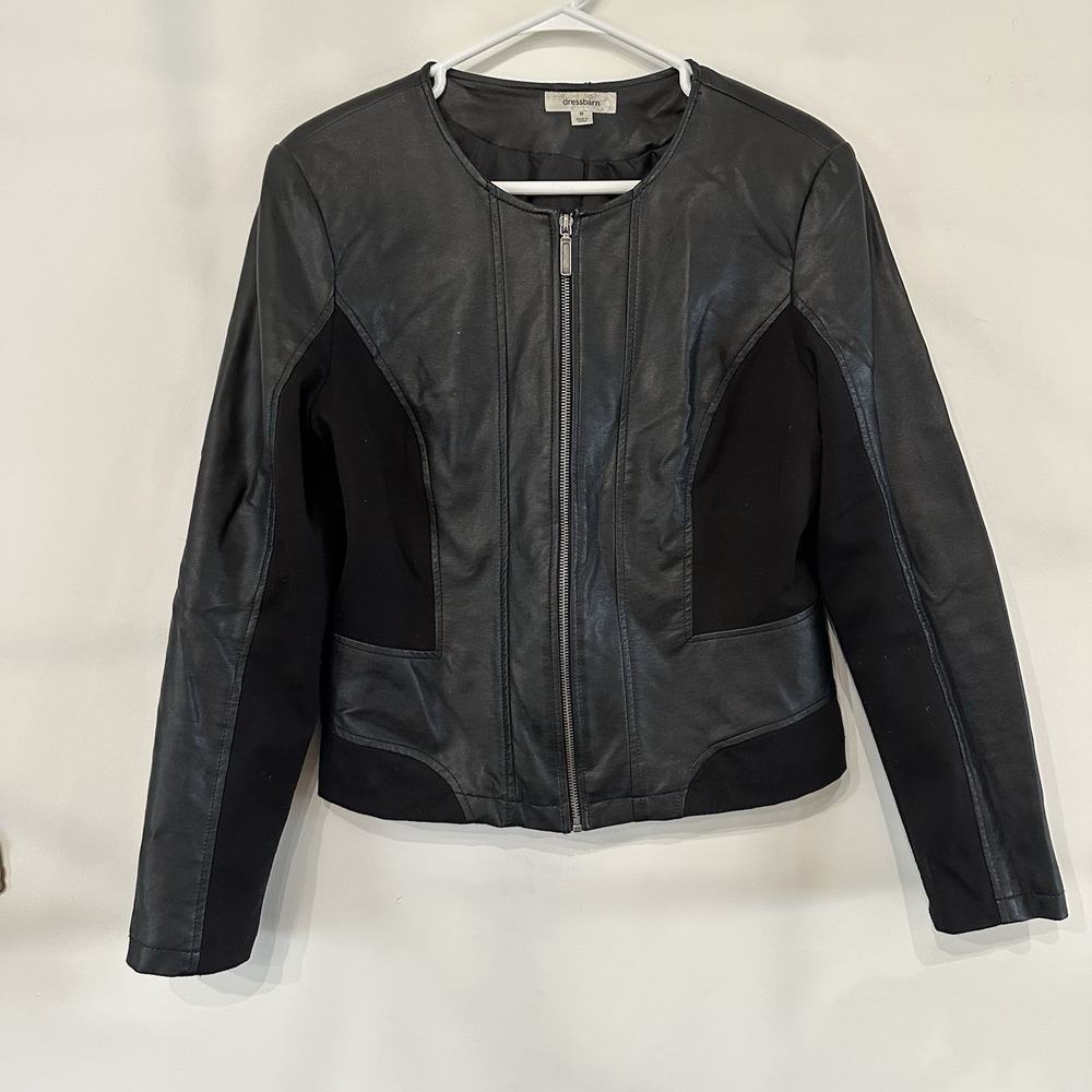 Women's Dressbarn Medium Black Faux Leather Knit Zip Up Jacket Biker Motorcycle